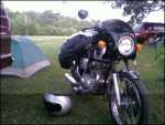 cb200 at the campground moments before starting time. Sporting a viper fairing and saddlebags full of gasoline