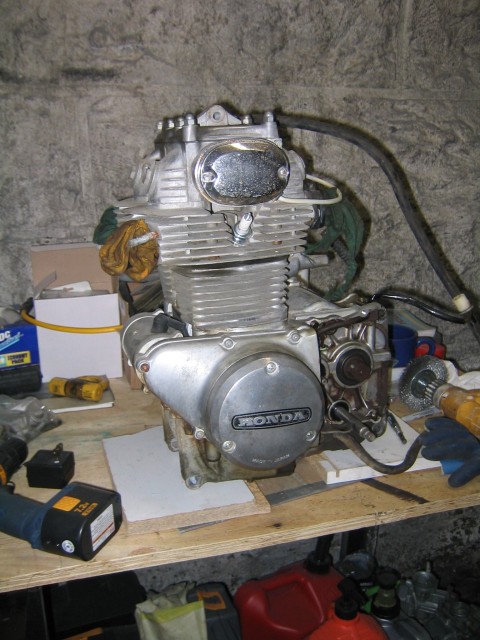 At the basement shop, getting a look
over.  Only problem was that the 
right side was heli-coiled!  Later to be 
a bad factor during one of my racing 
weekend.